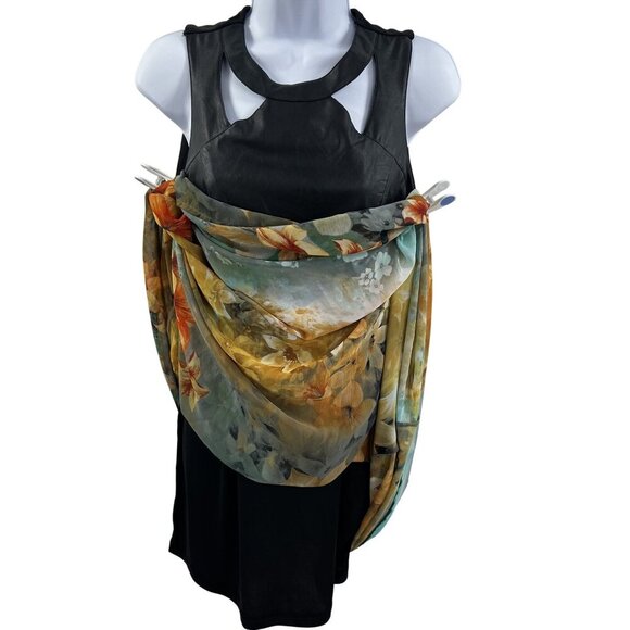 Black M Vegan Leather Cutout Floral Chiffon Maxi Sleeveless Dress Feminine Edgy - Picture 4 of 15